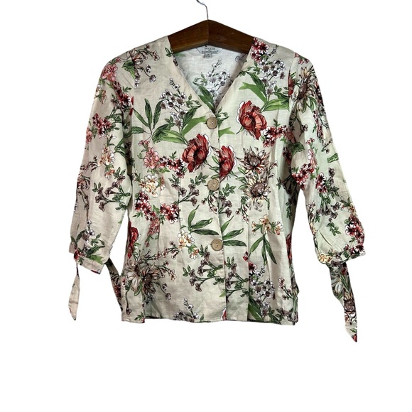 Hester & Orchard Linen Blend Blouse Floral Button Closure Tie sleeve Size S - Picture 1 of 9